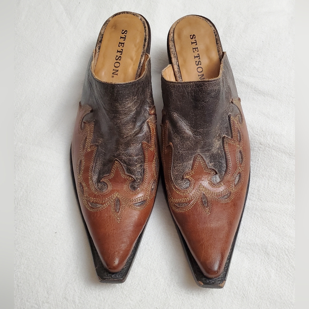 Stetson Leather Slip On Clogs Women's Size 8 Western Wear Embroidered Classic